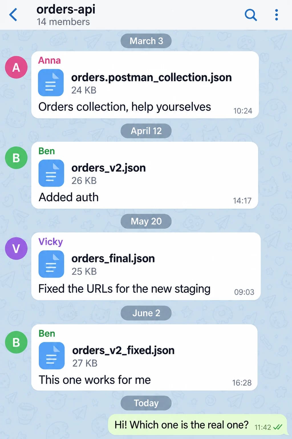 The orders-api group chat: Anna, Ben and Vicky post four different collection files over three months, and a new hire asks which one is real