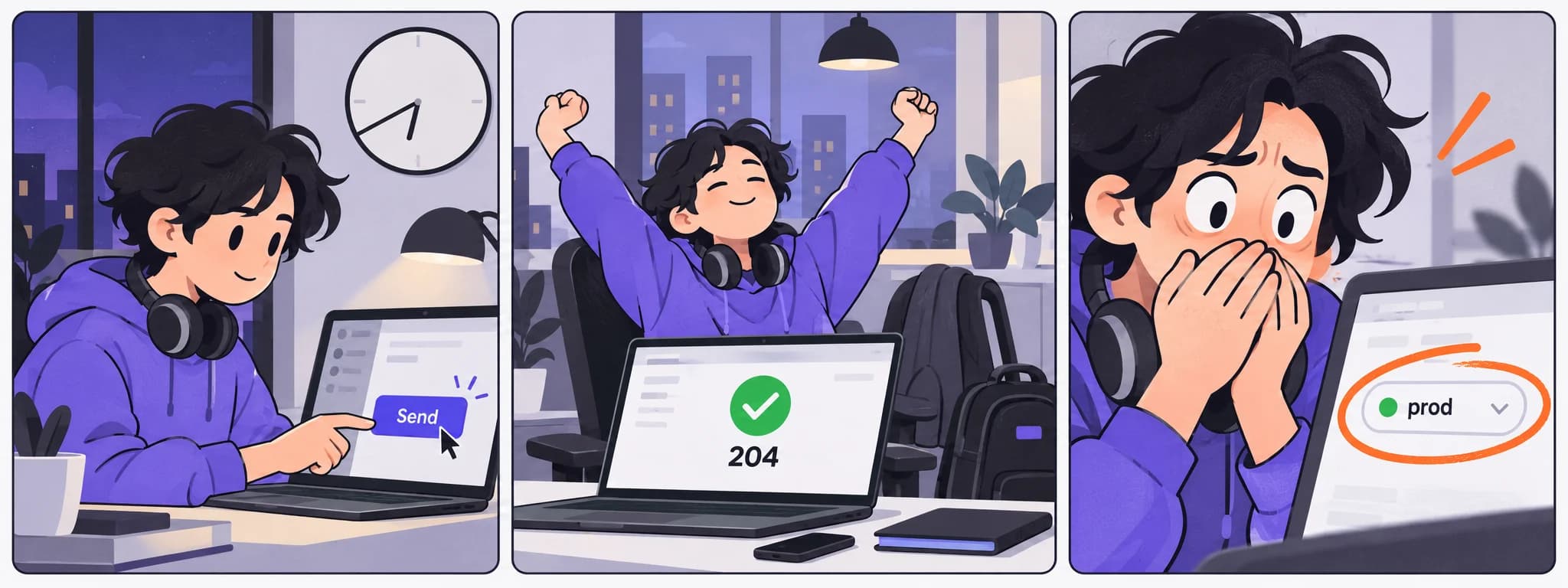 A three-panel comic: in the evening a developer clicks Send, cheers at the 204 and gets ready to leave, then freezes on seeing prod in the environment switch