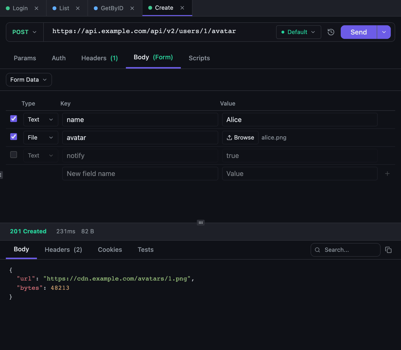 A Form Data request body in Tetiva with a text field, a file field and a disabled row