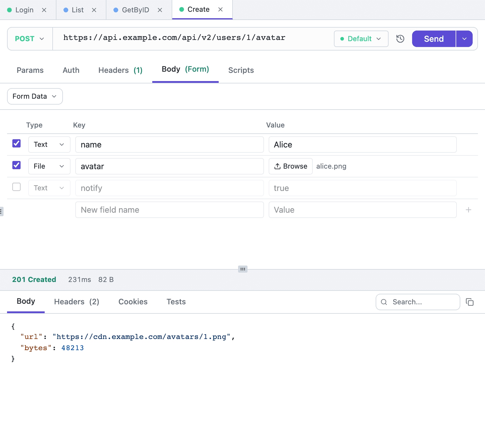 A Form Data request body in Tetiva with a text field, a file field and a disabled row