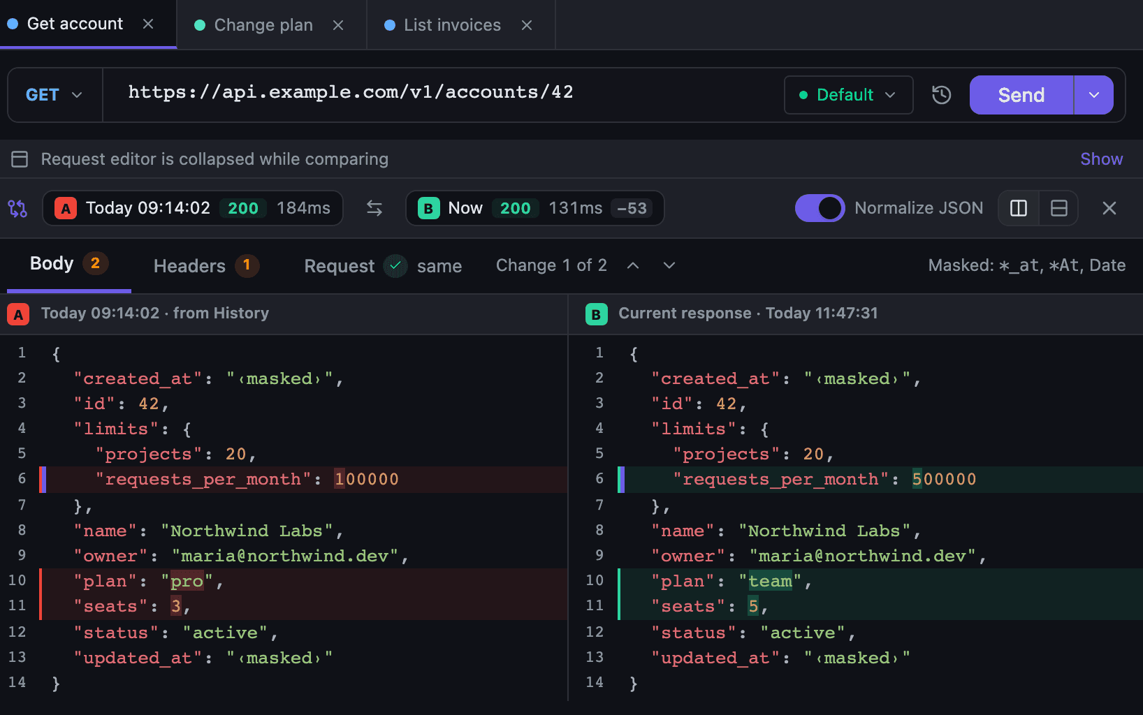 Two responses of GET /v1/accounts/42 side by side in Tetiva: plan changed from pro to team, seats from 3 to 5