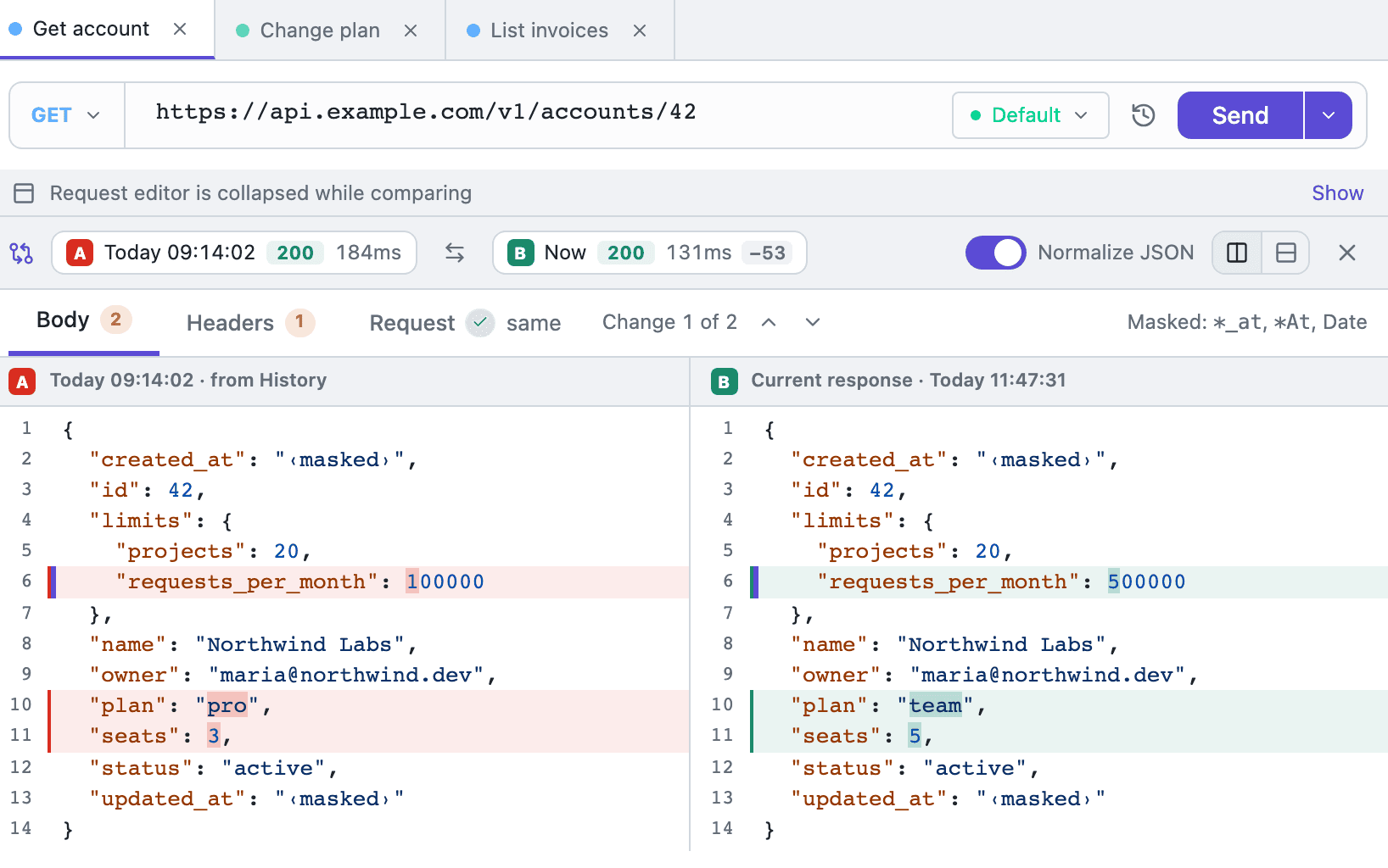 Two responses of GET /v1/accounts/42 side by side in Tetiva: plan changed from pro to team, seats from 3 to 5