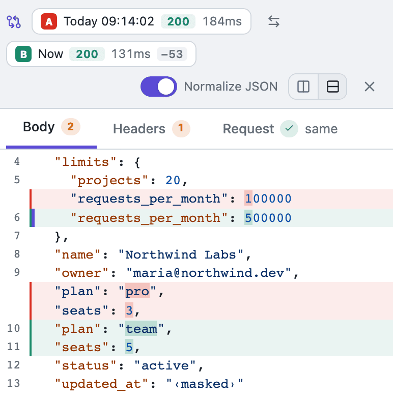 Two responses of GET /v1/accounts/42 side by side in Tetiva: plan changed from pro to team, seats from 3 to 5