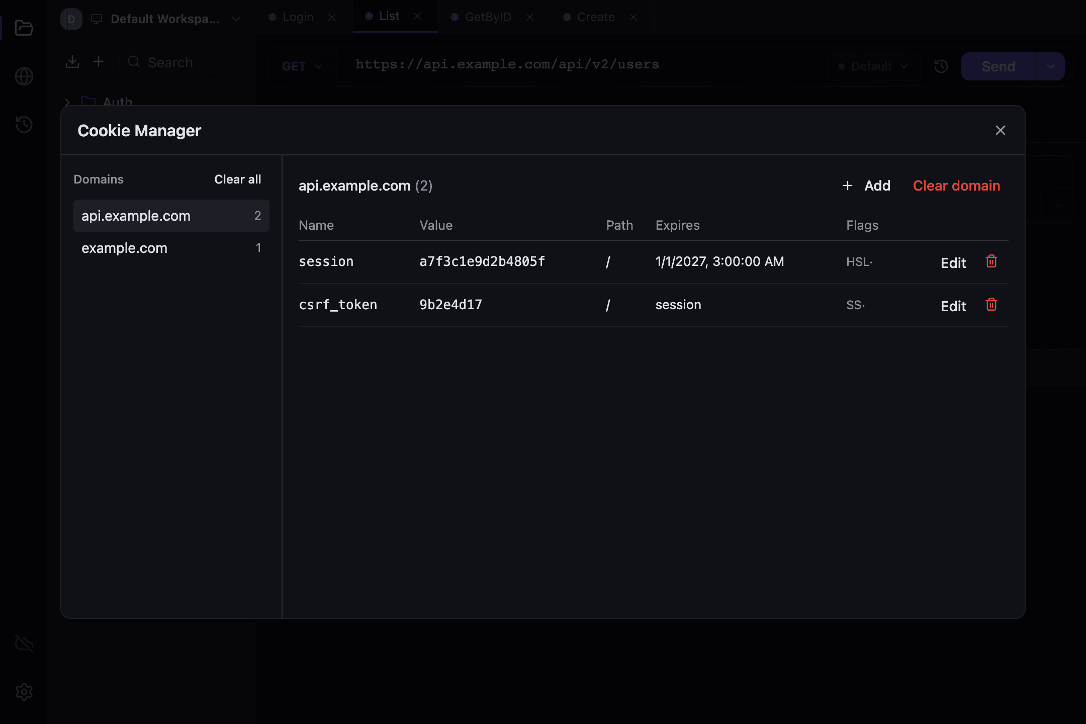 The cookie manager in Tetiva: domains on the left, the cookie table on the right