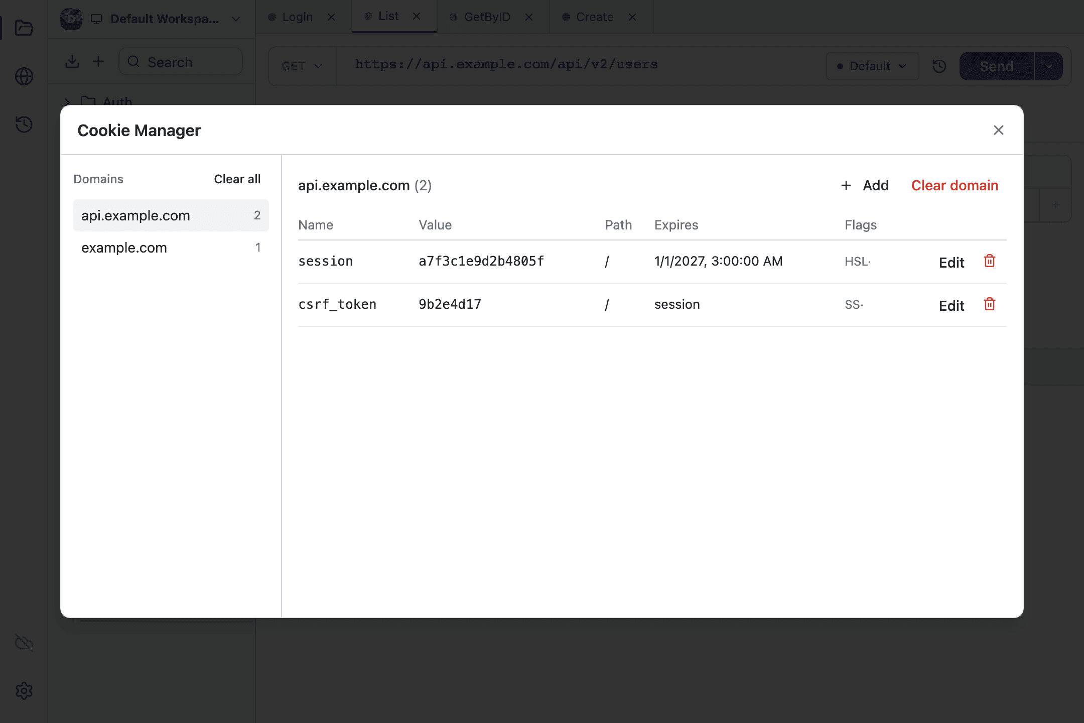 The cookie manager in Tetiva: domains on the left, the cookie table on the right