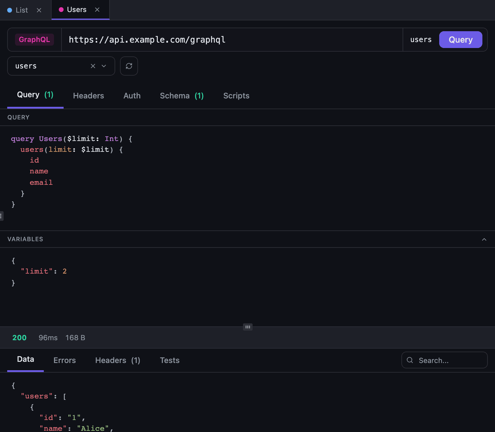 The GraphQL editor in Tetiva with the query, the Variables pane and the response