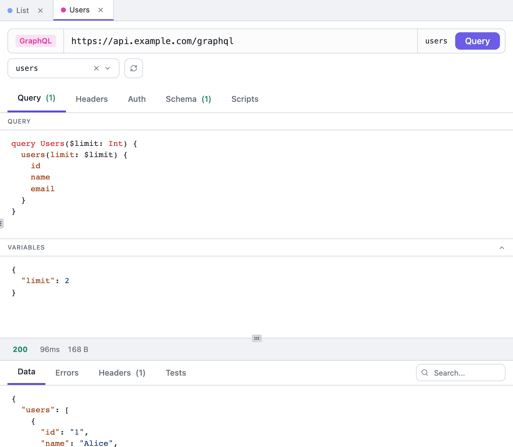 The GraphQL editor in Tetiva with the query, the Variables pane and the response