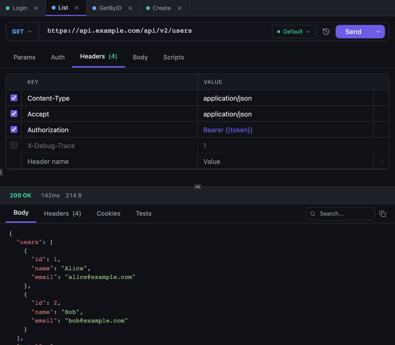 The Headers tab in Tetiva with request headers and their enable checkboxes