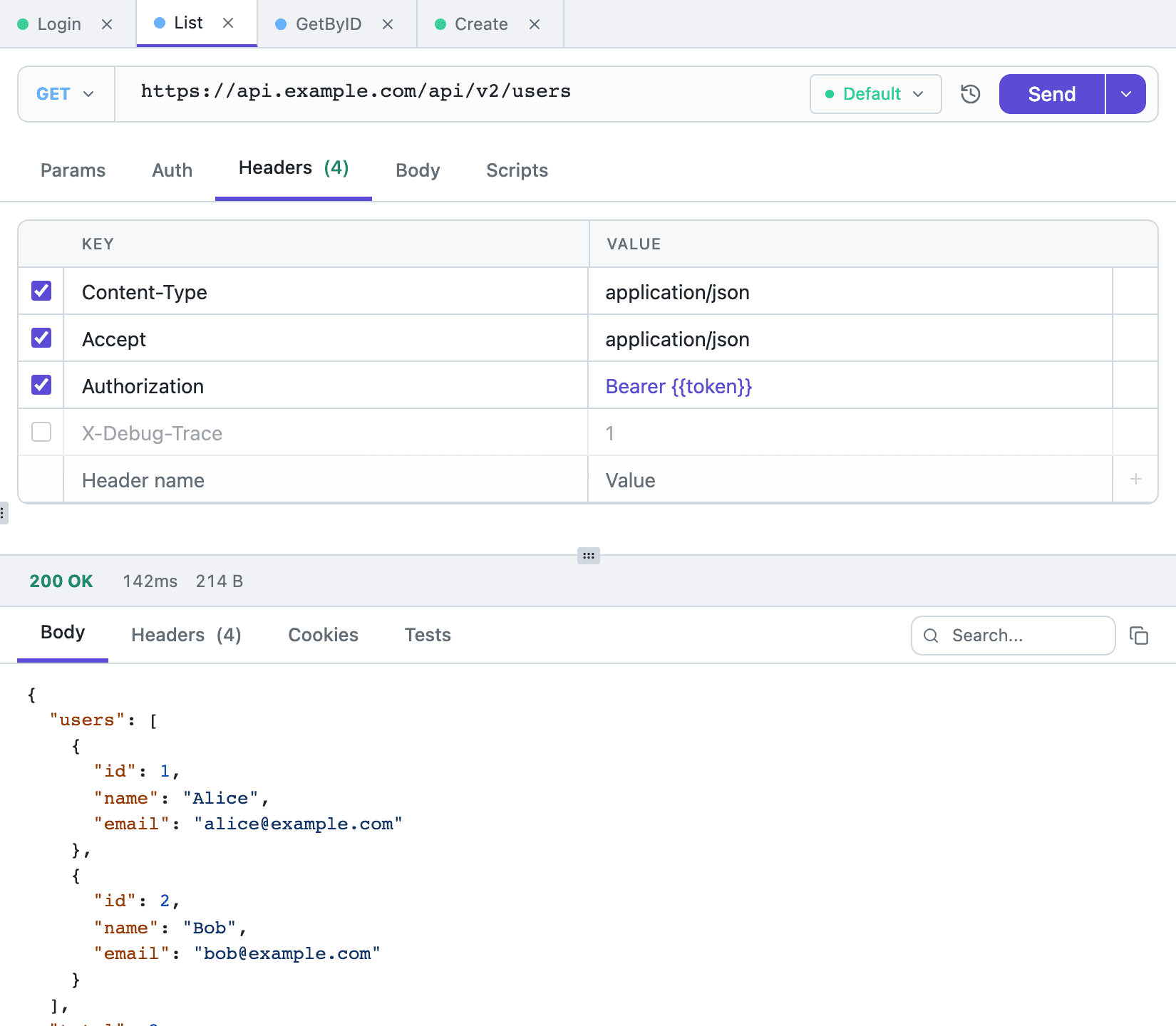 The Headers tab in Tetiva with request headers and their enable checkboxes