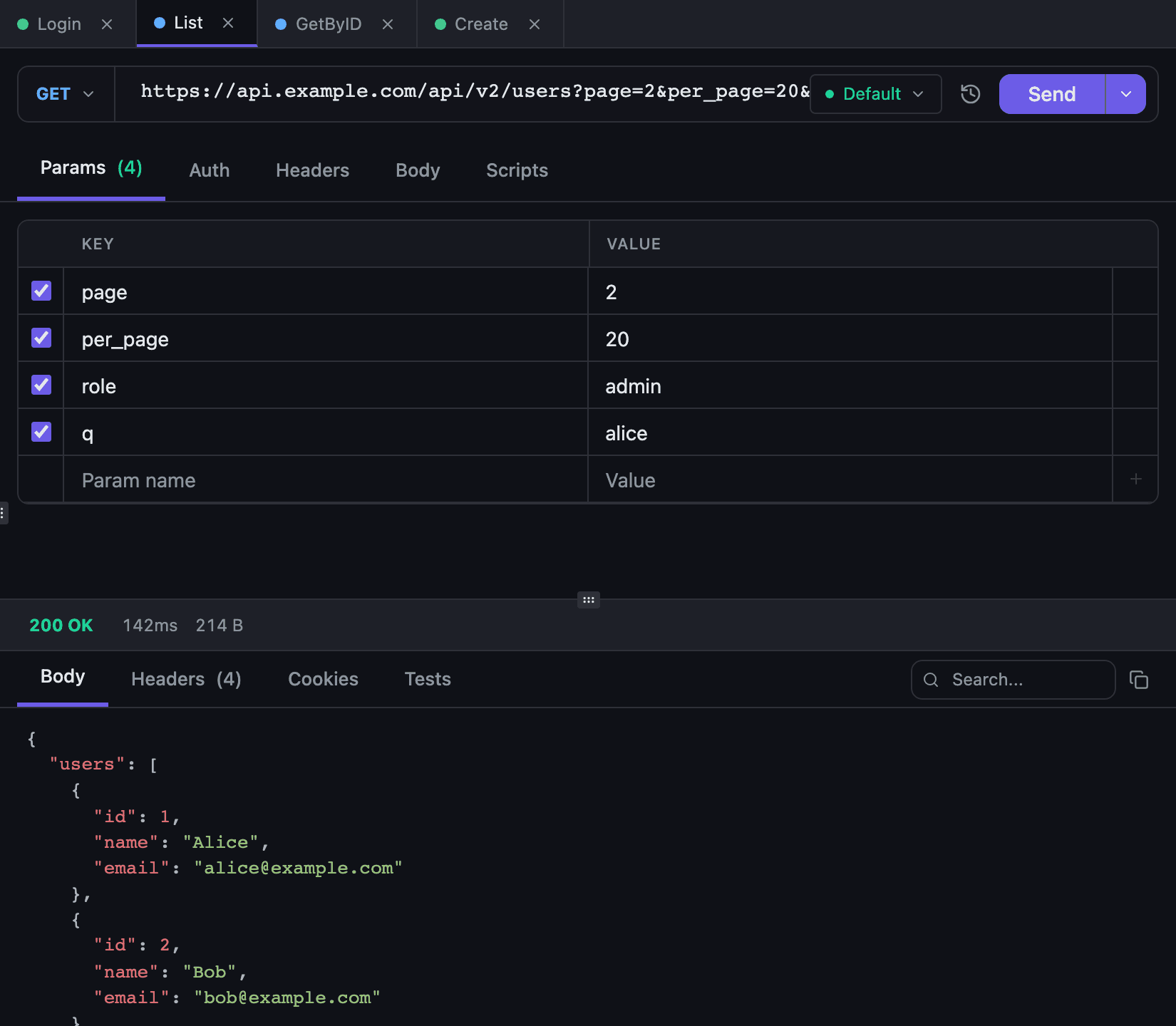 The Params tab in Tetiva showing query parameters parsed out of the URL