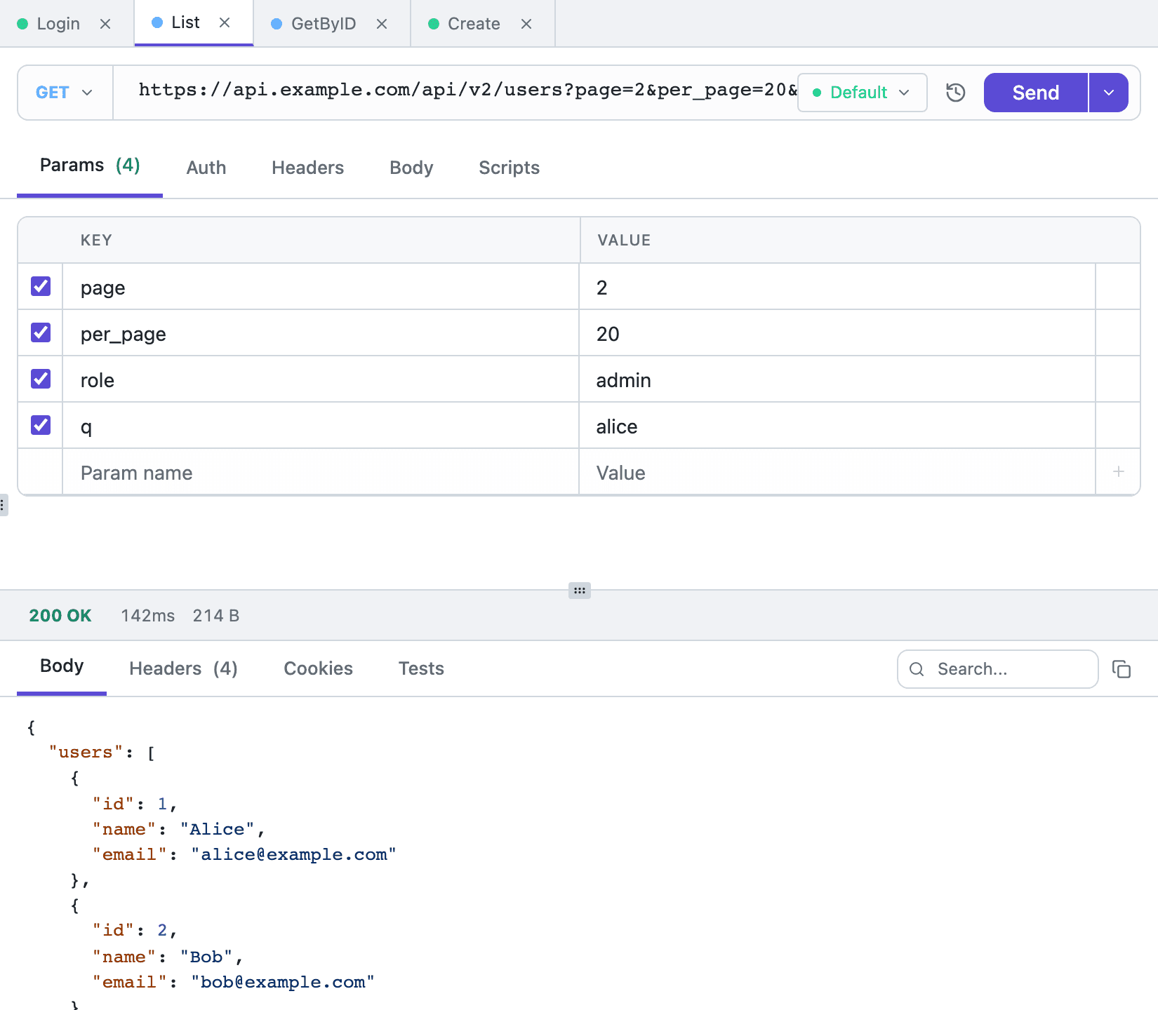 The Params tab in Tetiva showing query parameters parsed out of the URL