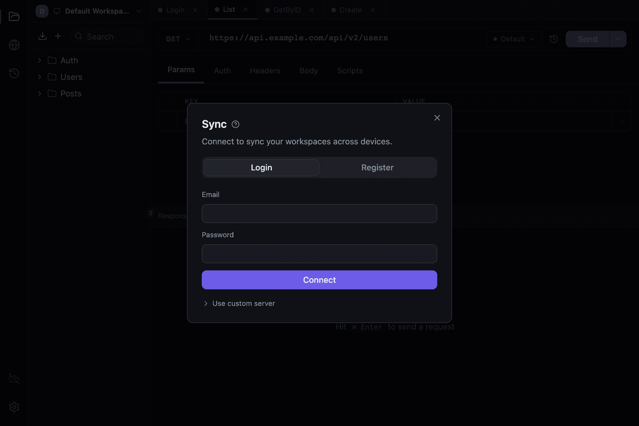 The Sync window in Tetiva with the Login and Register tabs and the email and password fields
