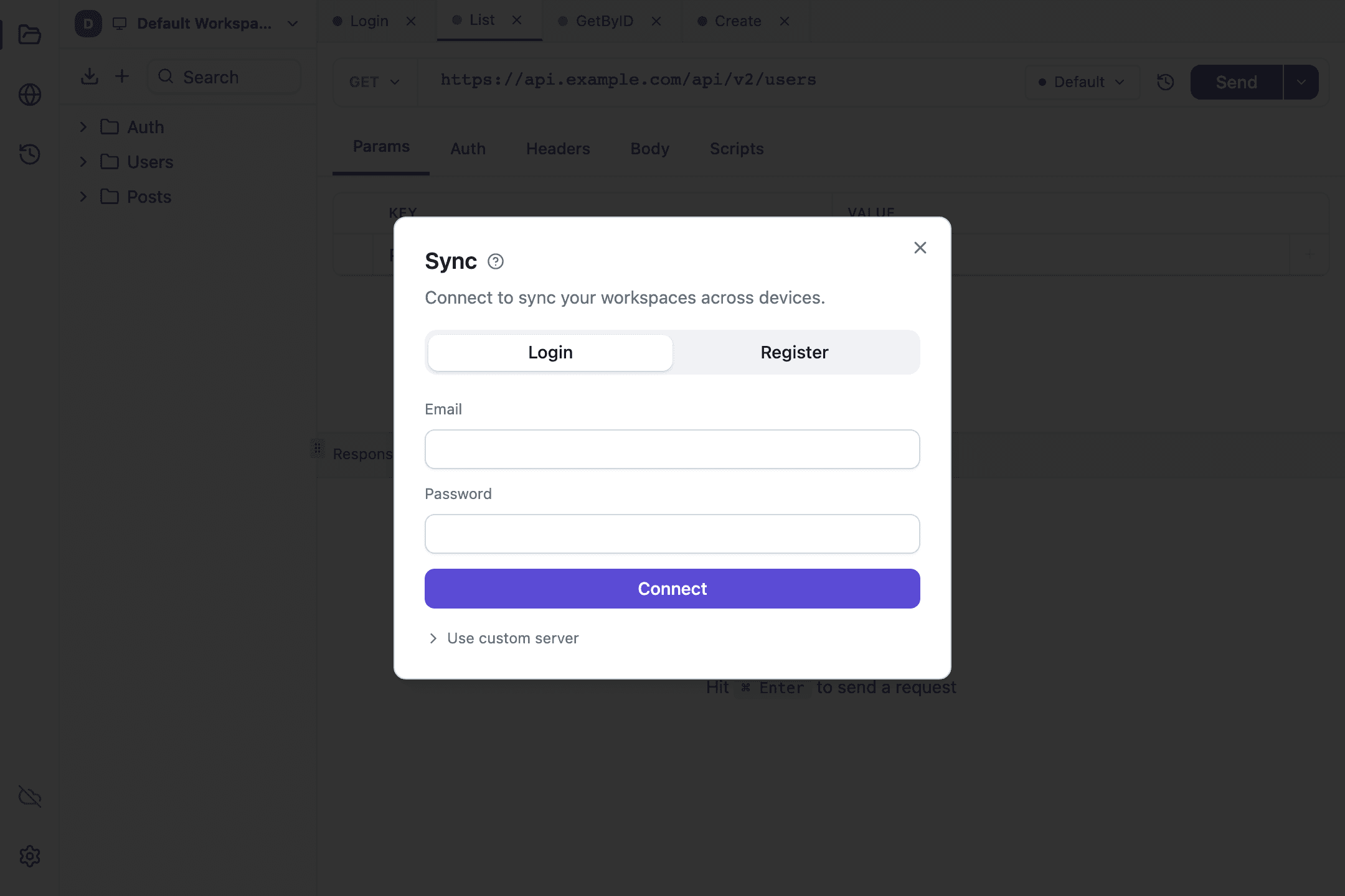 The Sync window in Tetiva with the Login and Register tabs and the email and password fields