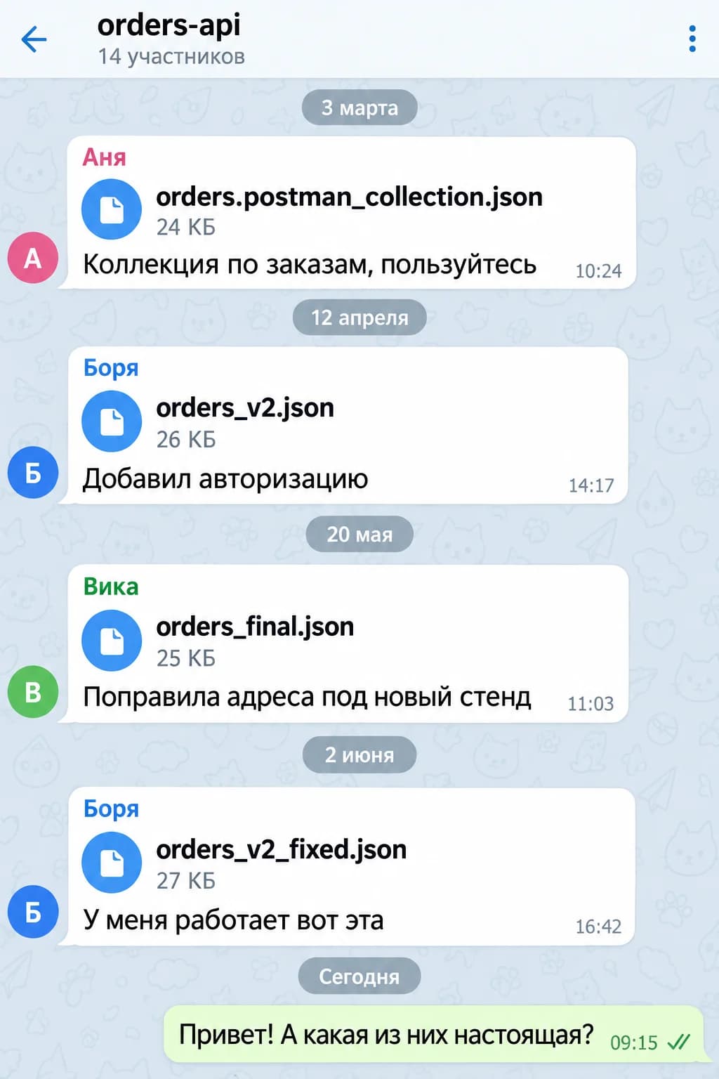 Групповой чат orders-api в мессенджере: Аня, Боря и Вика за три месяца присылают четыре разных файла коллекции, новичок спрашивает, какой из них настоящий