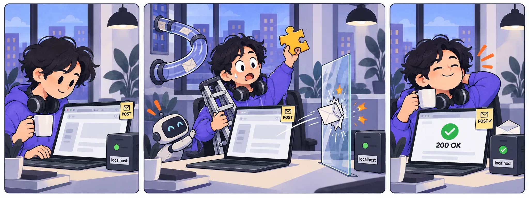 A three-panel comic: a developer sends a POST request from a browser window to a small localhost server on the same desk; the envelope smacks into a pane of glass while the developer grabs a puzzle piece and a ladder, with a mail tube on the wall and a little robot tugging at their sleeve; in the last panel a plain app window shows 200 OK