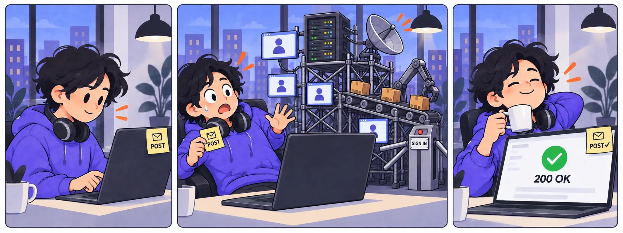 A three-panel comic: a developer is about to send a POST request; scaffolding, a server rack and a satellite dish grow up behind the laptop, with a turnstile marked SIGN IN at its entrance; in the last panel they are gone and the plain laptop shows 200 OK