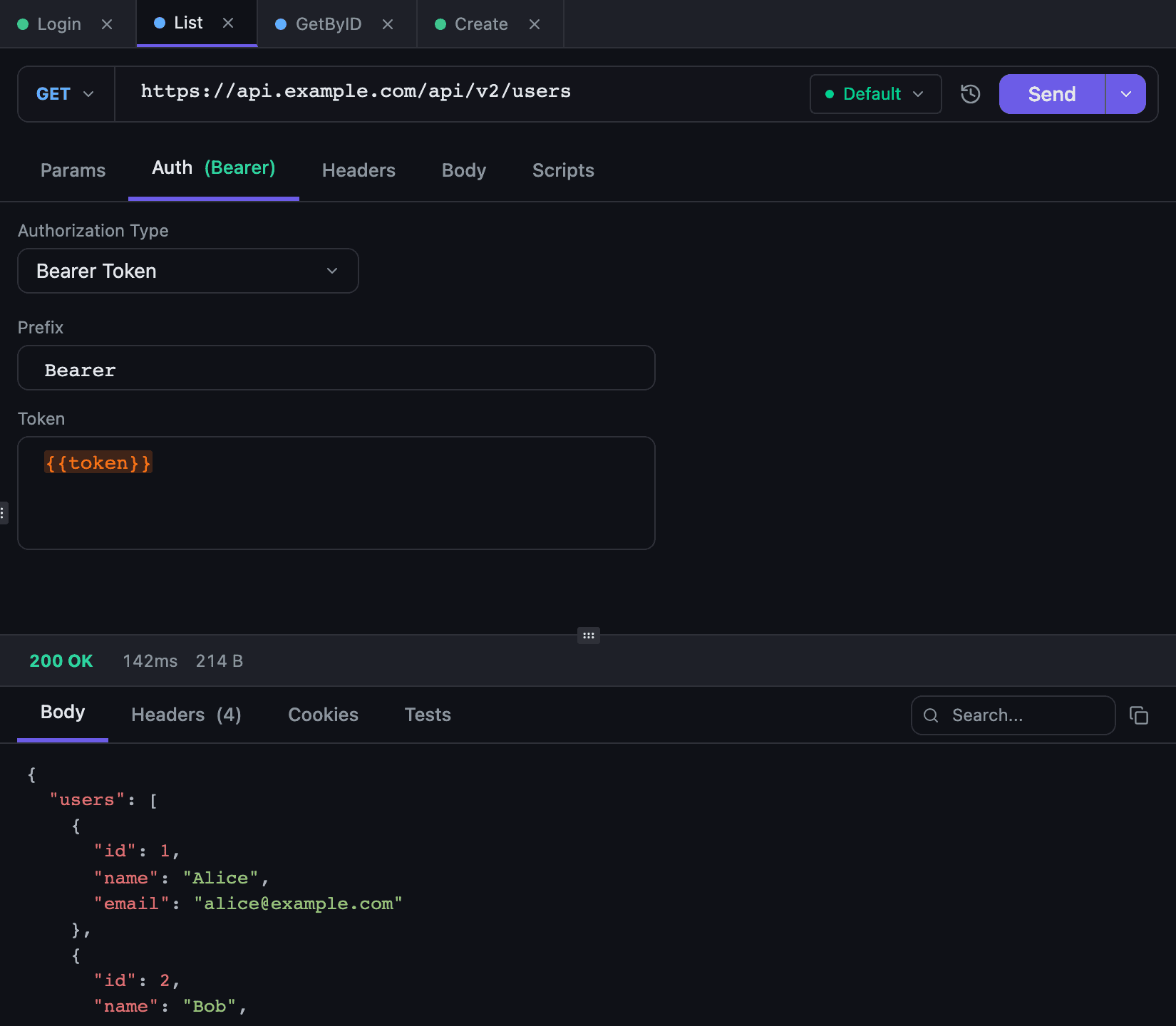 The Auth tab in Tetiva set to Bearer Token with an environment variable in the Token field