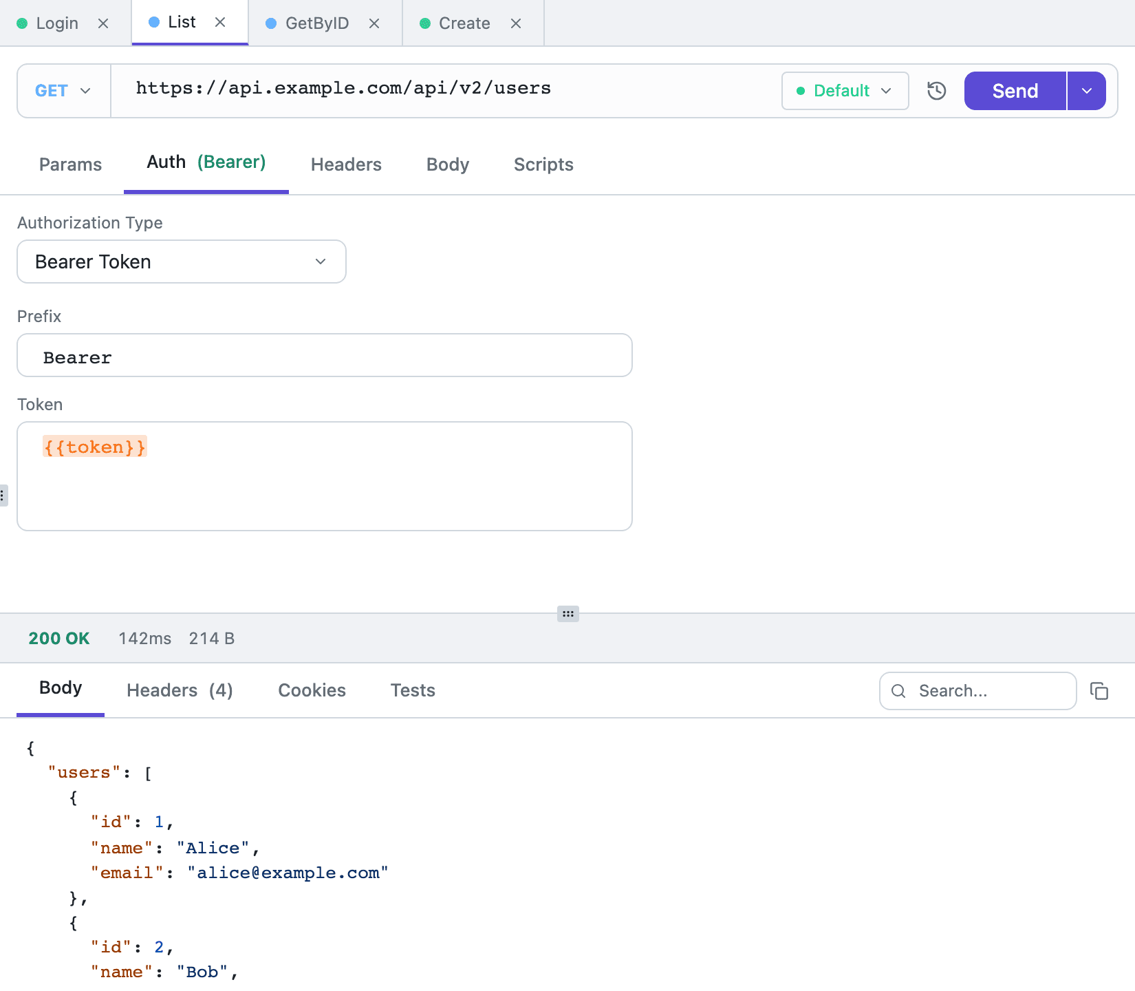The Auth tab in Tetiva set to Bearer Token with an environment variable in the Token field
