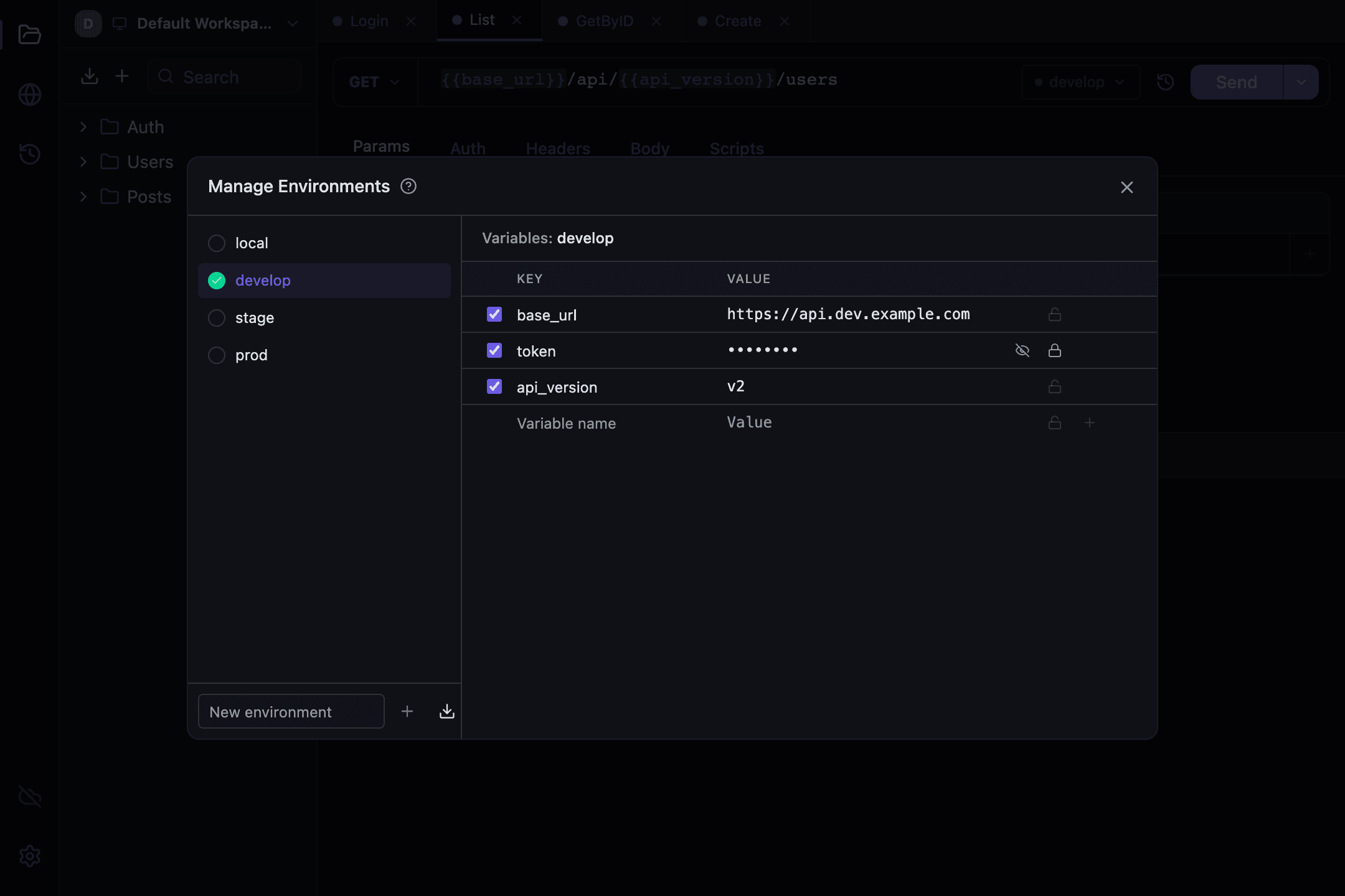 The Manage Environments dialog in Tetiva with local, develop, stage and prod environments and a masked secret in develop