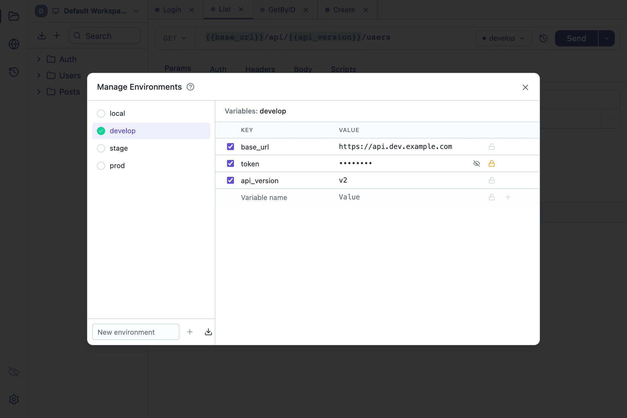 The Manage Environments dialog in Tetiva with local, develop, stage and prod environments and a masked secret in develop