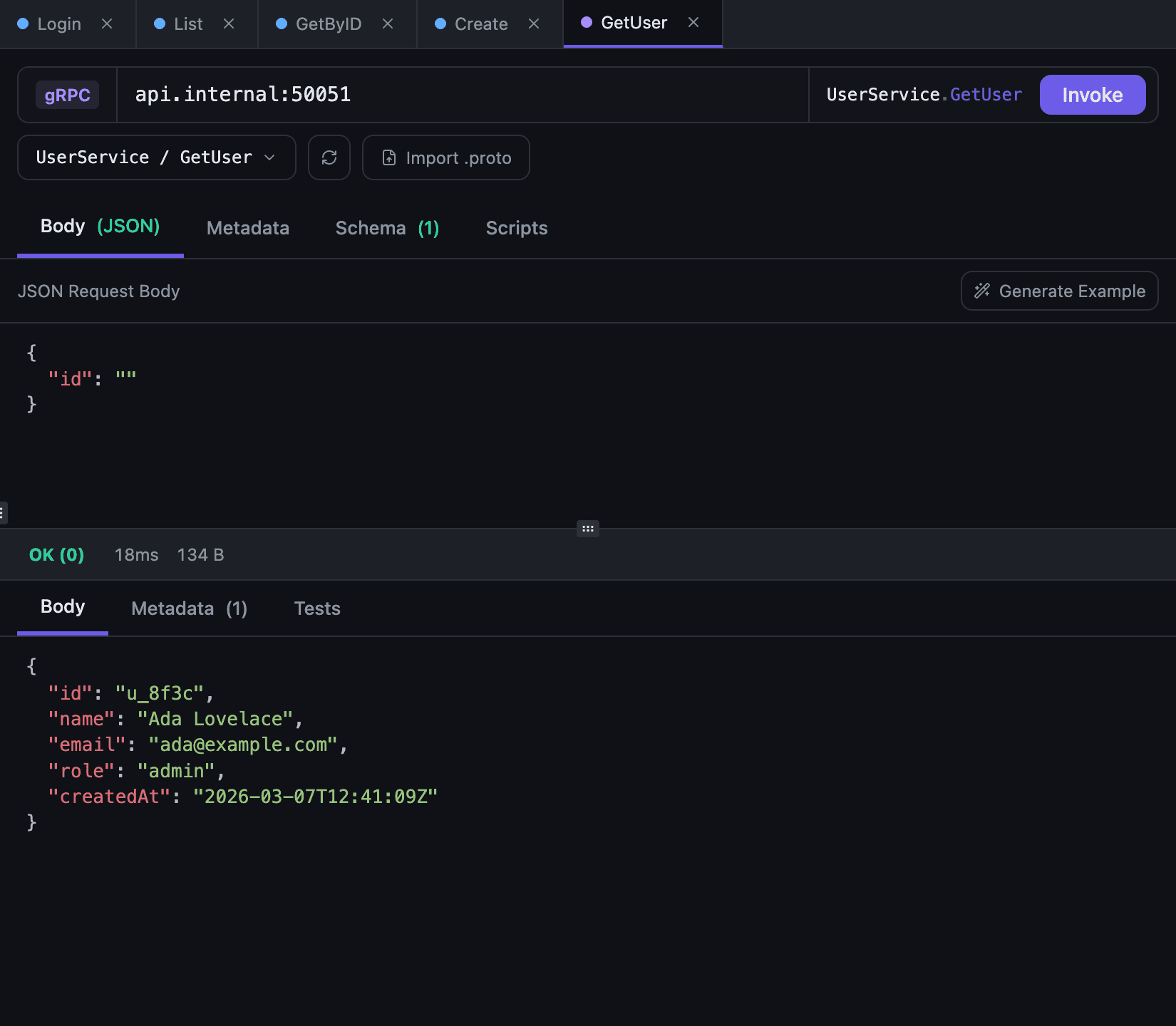 gRPC schema of user.UserService: GetUser method and a generated example request in Tetiva