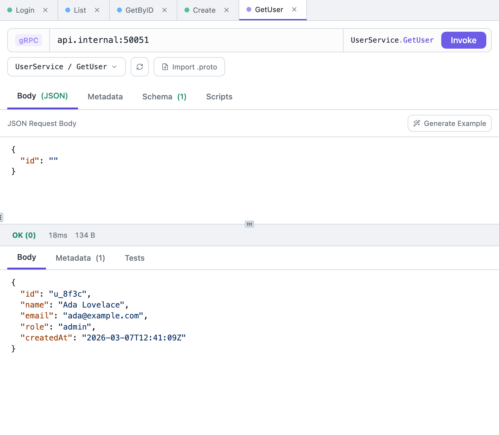 gRPC schema of user.UserService: GetUser method and a generated example request in Tetiva
