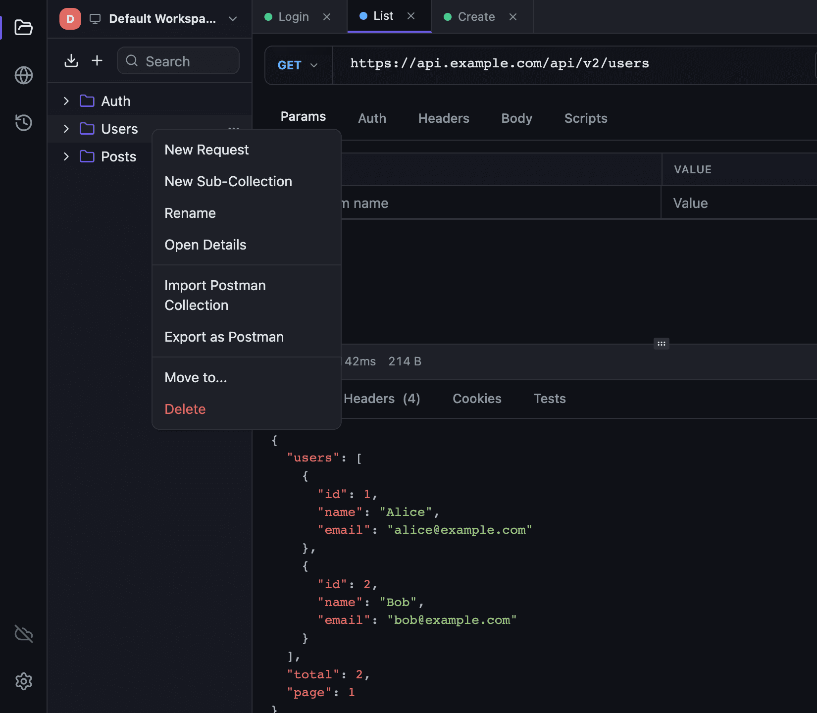 A collection context menu in Tetiva with the Import Postman Collection entry