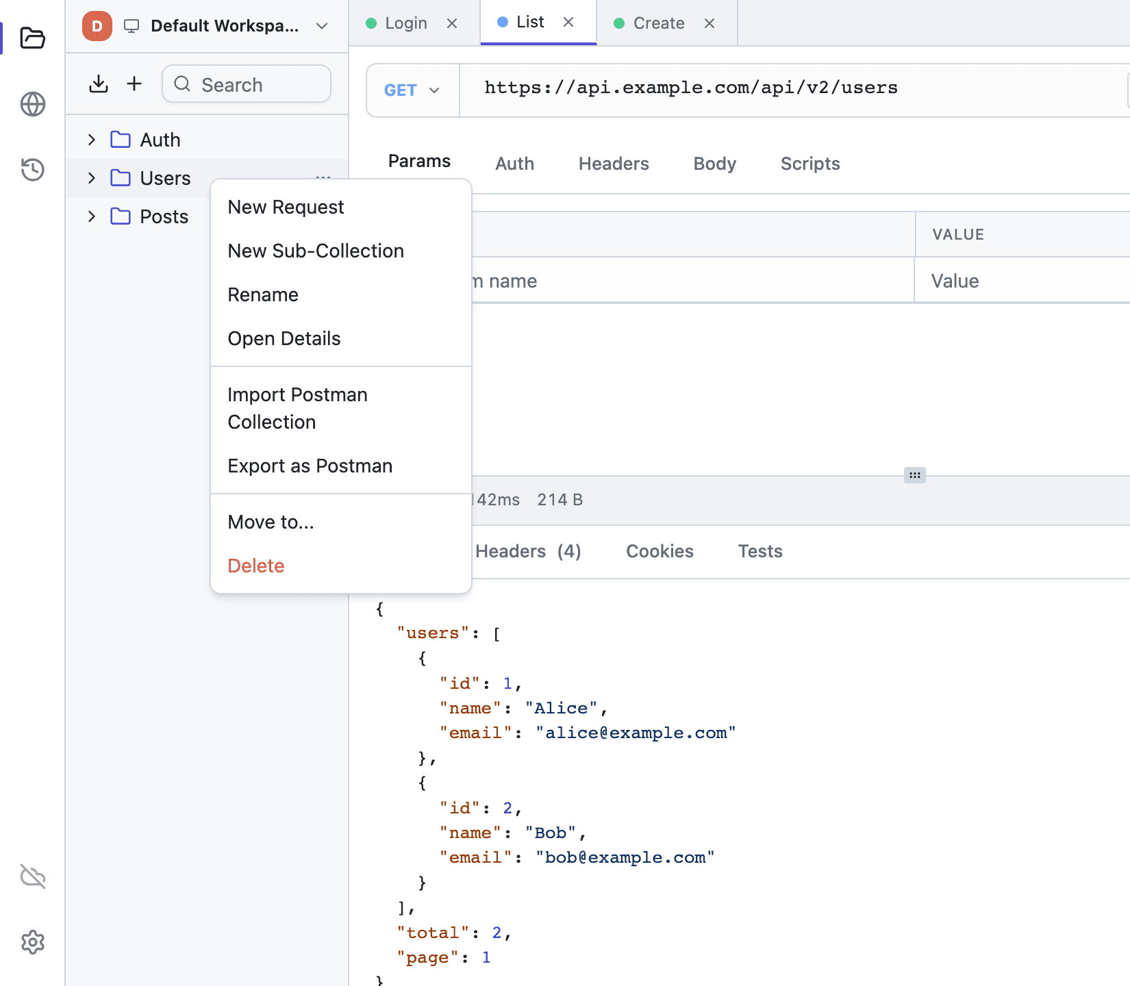 A collection context menu in Tetiva with the Import Postman Collection entry