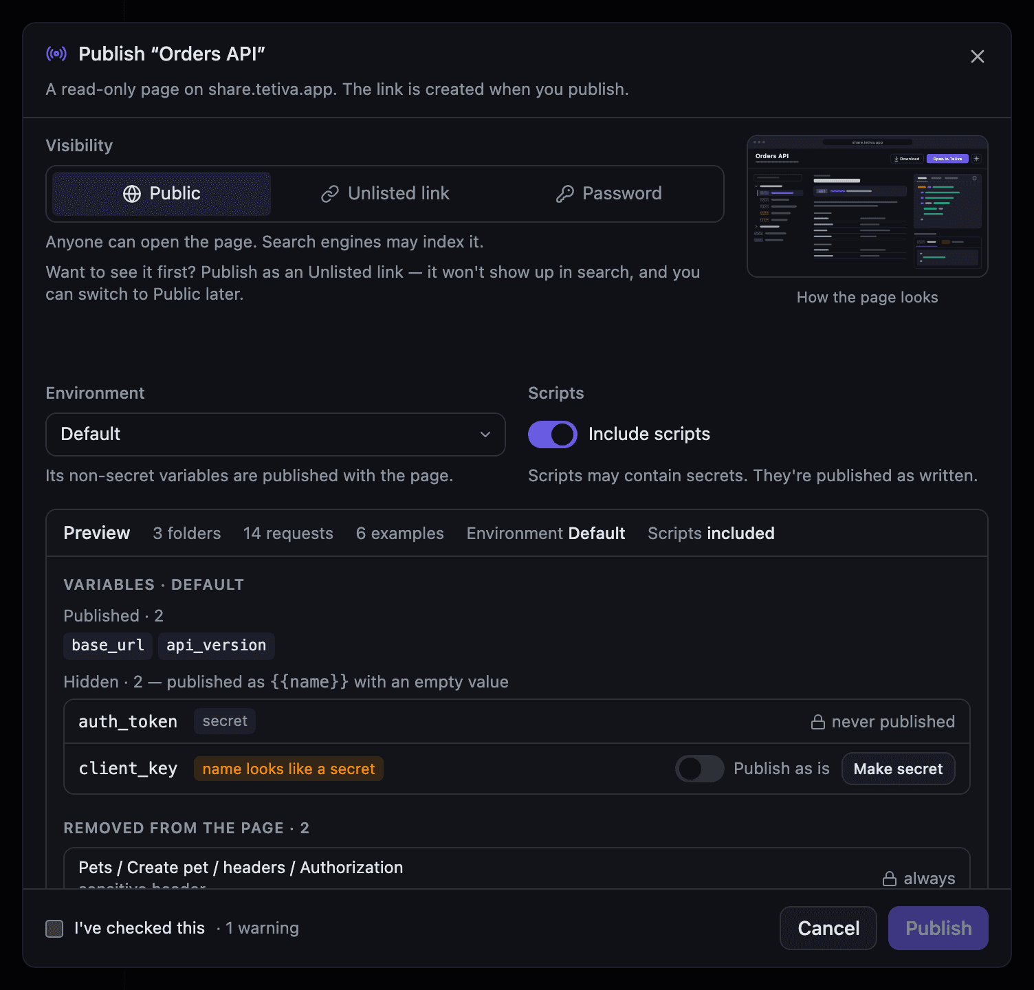 The Tetiva publish dialog: visibility, a thumbnail of the page, the environment picker, the scripts switch and the top of the preview