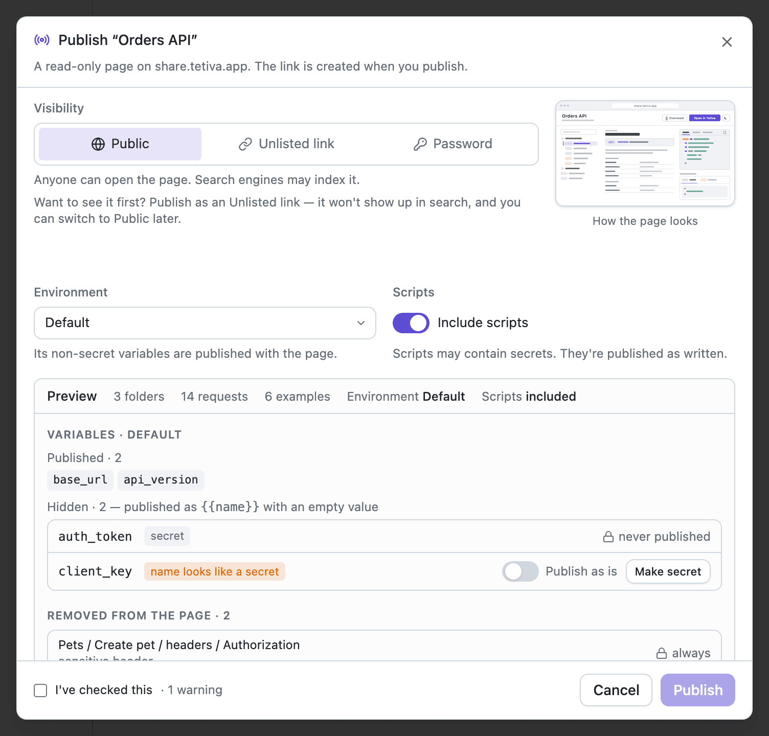 The Tetiva publish dialog: visibility, a thumbnail of the page, the environment picker, the scripts switch and the top of the preview