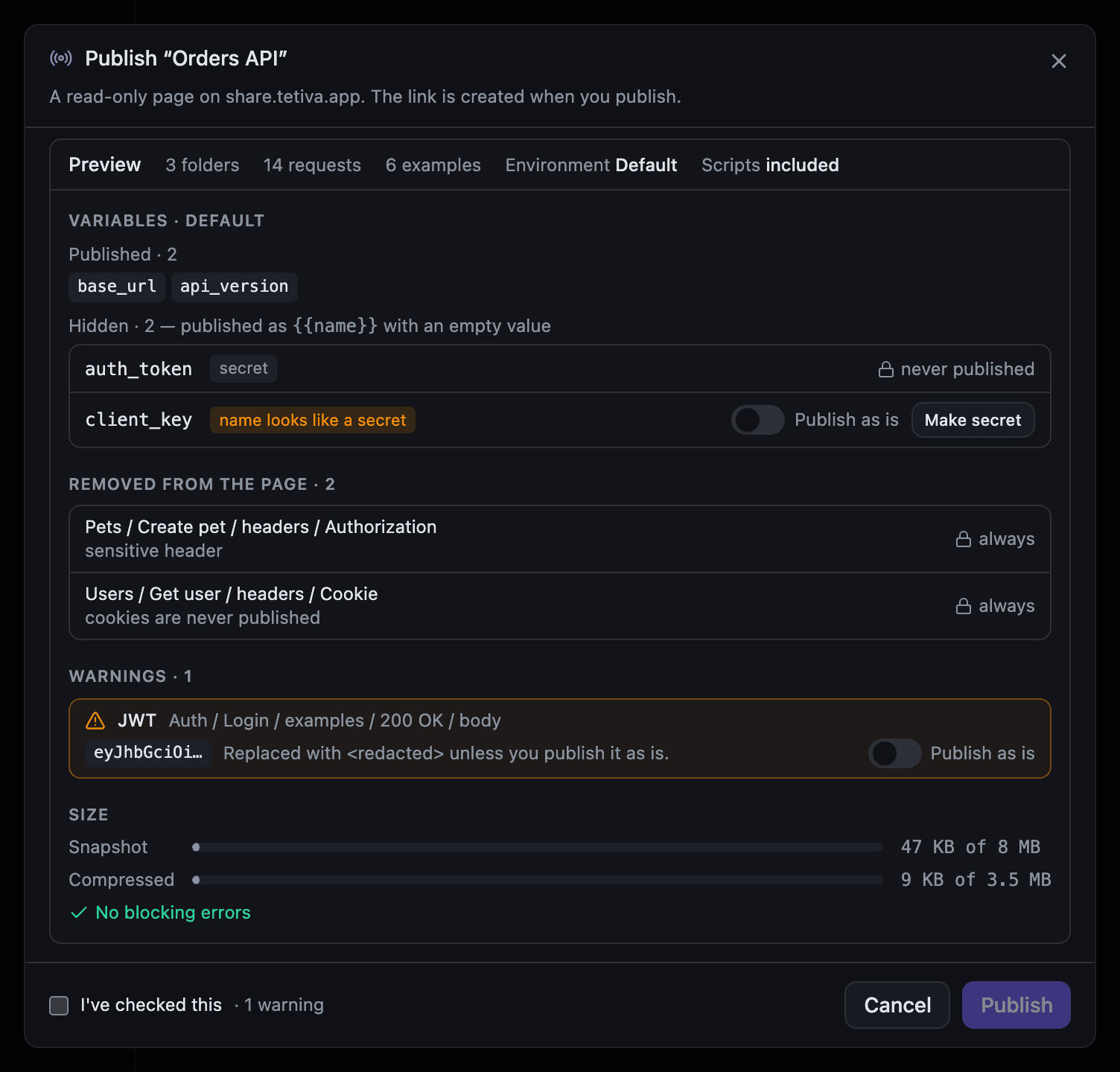 The Tetiva publish preview: published and hidden variables, removed headers, a JWT warning and the size bars