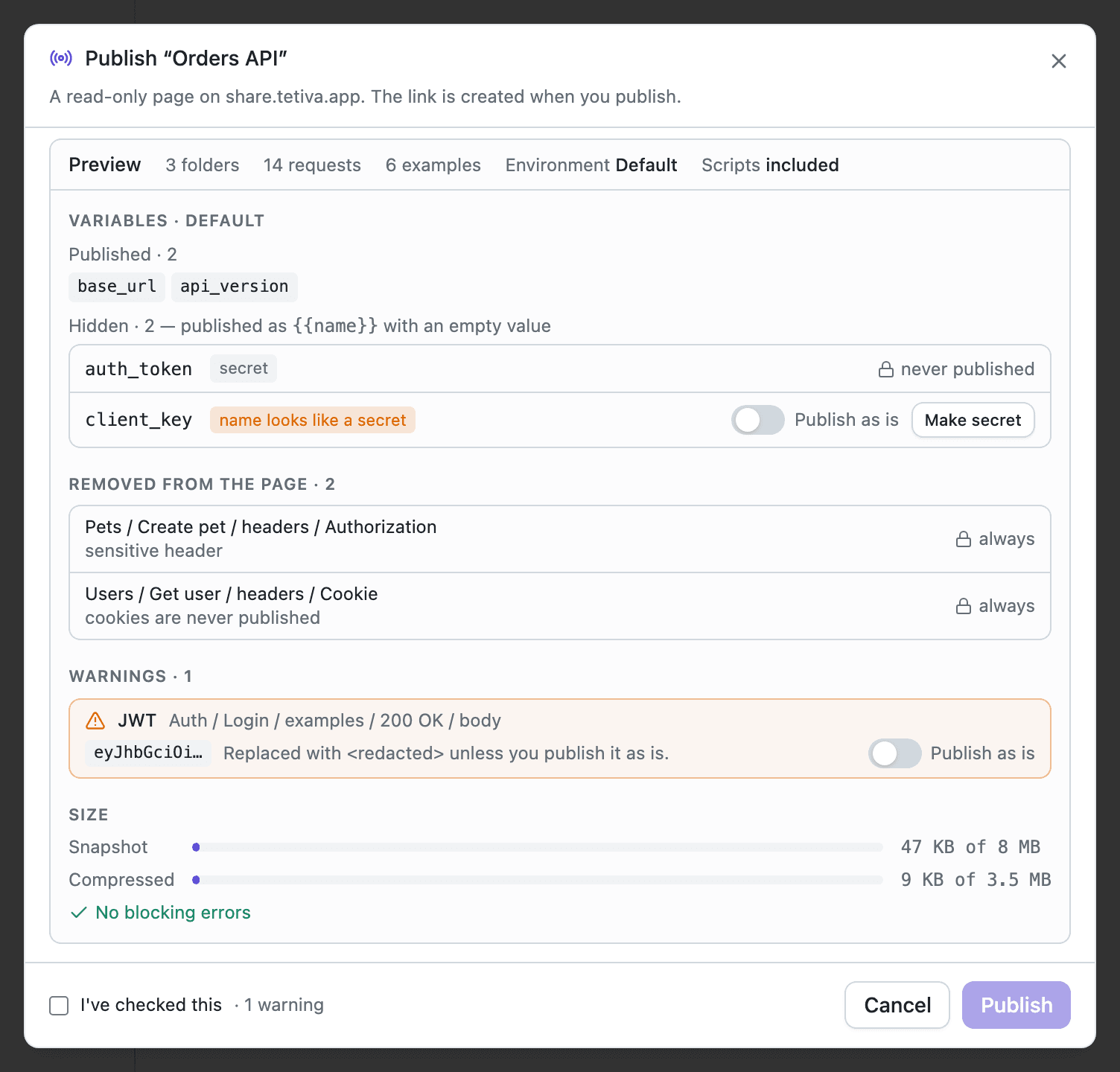 The Tetiva publish preview: published and hidden variables, removed headers, a JWT warning and the size bars