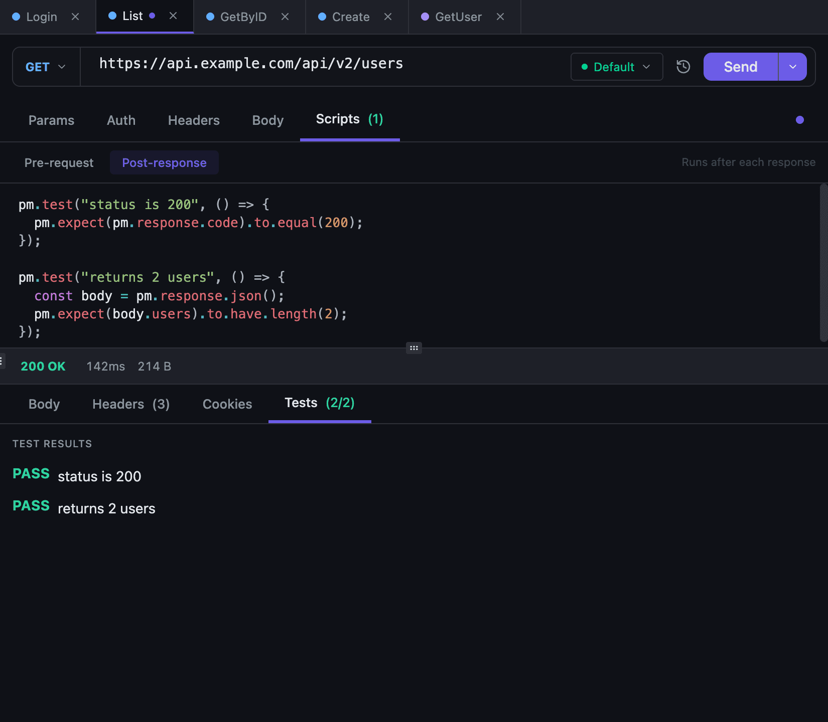 Post-response script with pm.test assertions and 2/2 passing tests in Tetiva