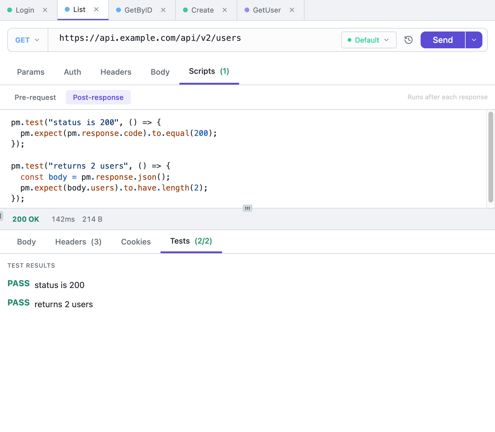 Post-response script with pm.test assertions and 2/2 passing tests in Tetiva