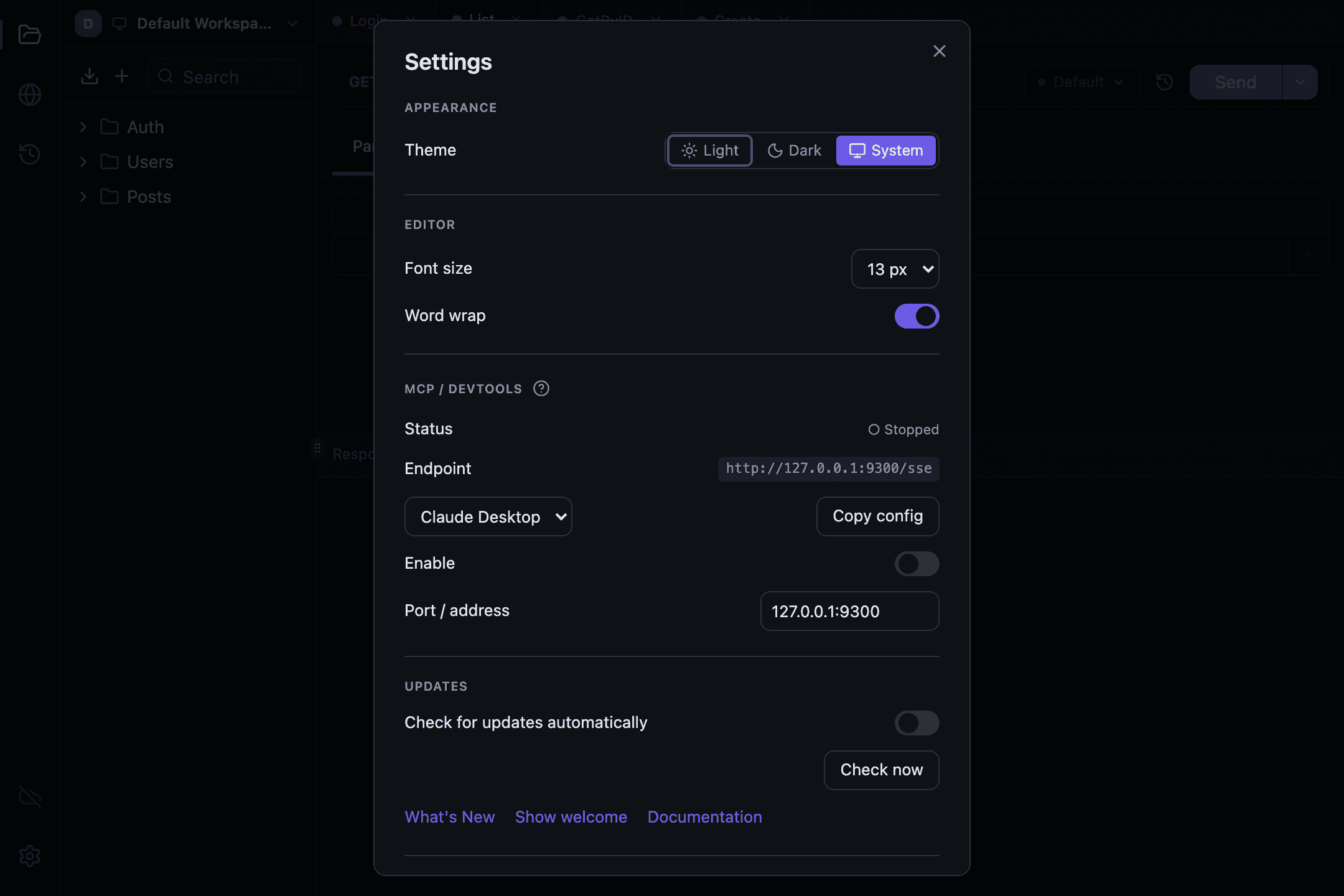 The Tetiva settings window: theme, editor, MCP server and updates