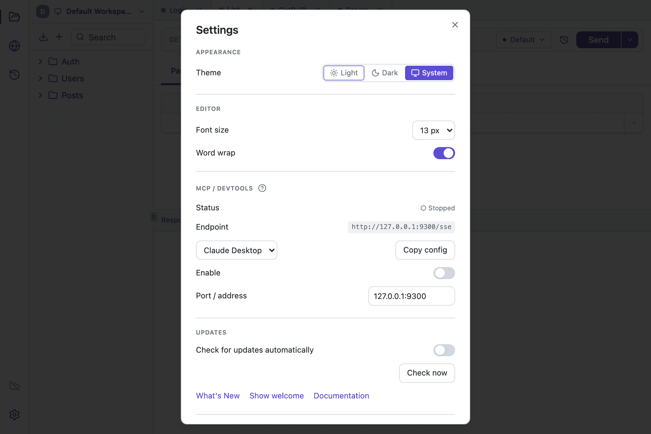 The Tetiva settings window: theme, editor, MCP server and updates