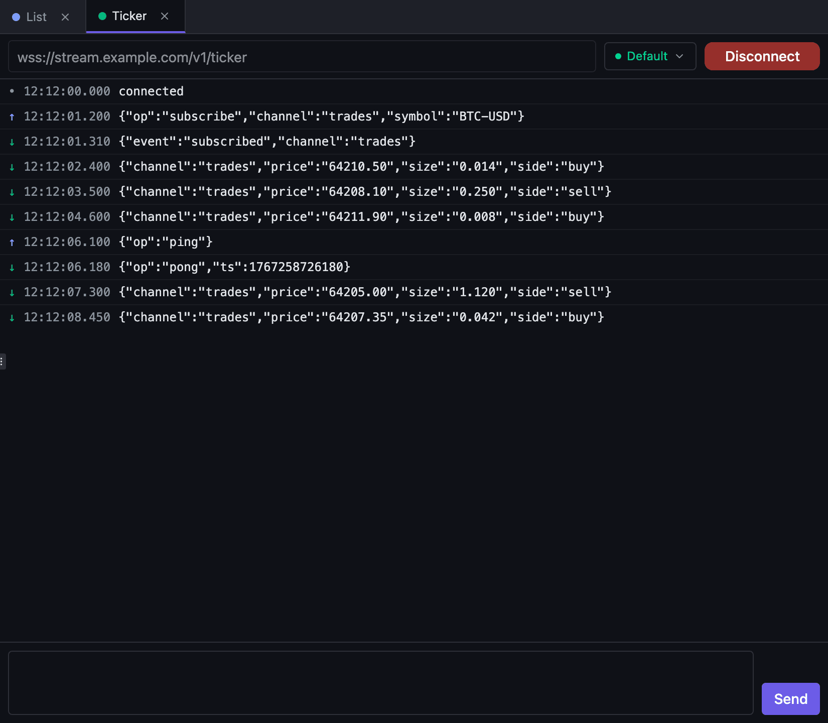 A WebSocket tab in Tetiva: the address, the Disconnect button and a live session log