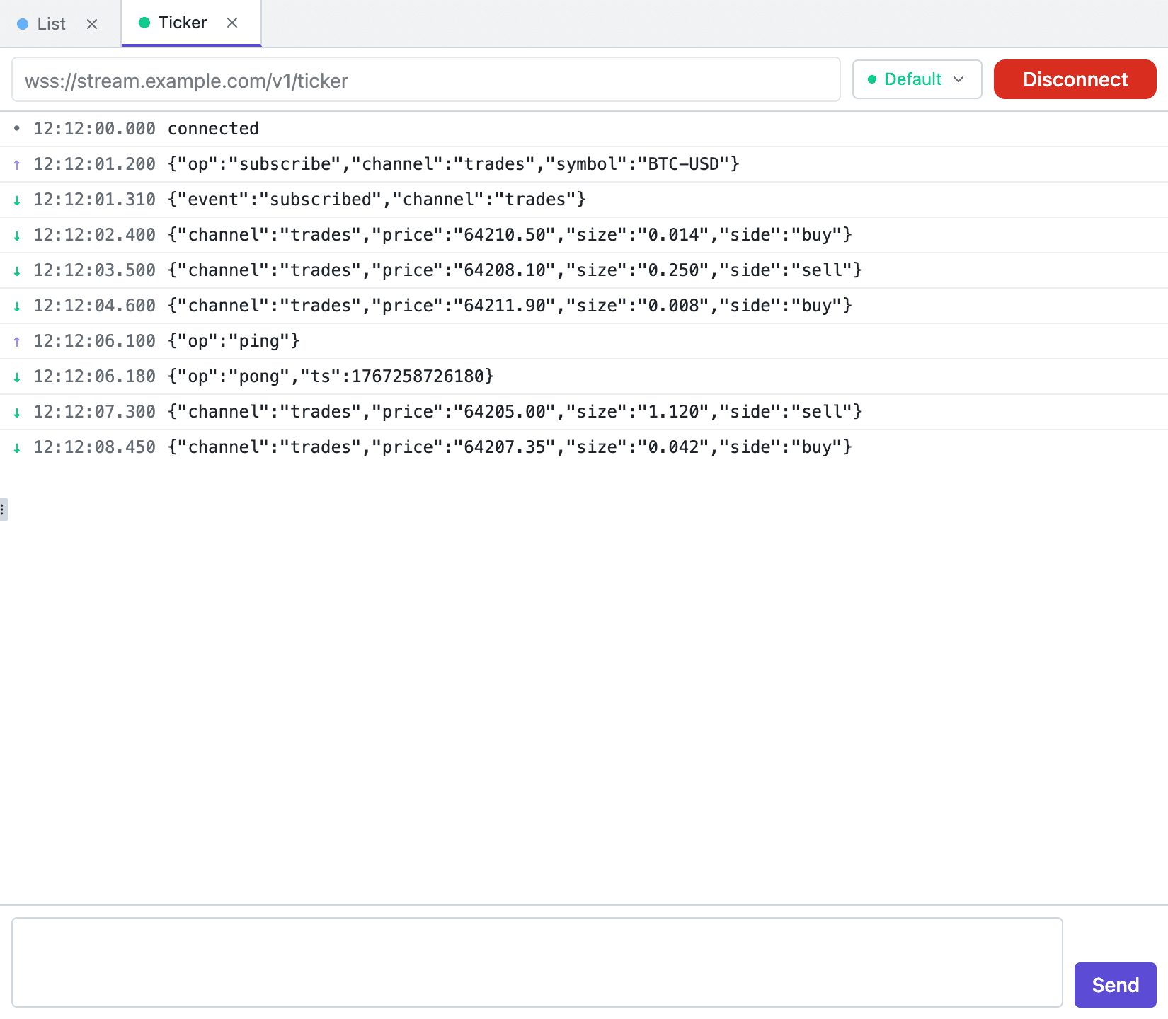 A WebSocket tab in Tetiva: the address, the Disconnect button and a live session log